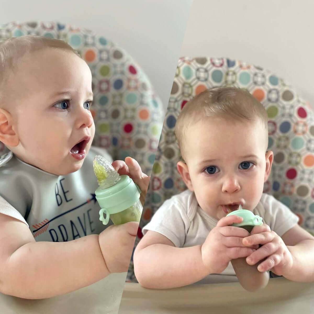 The baby is eating by himself using the baby spoon feeder
