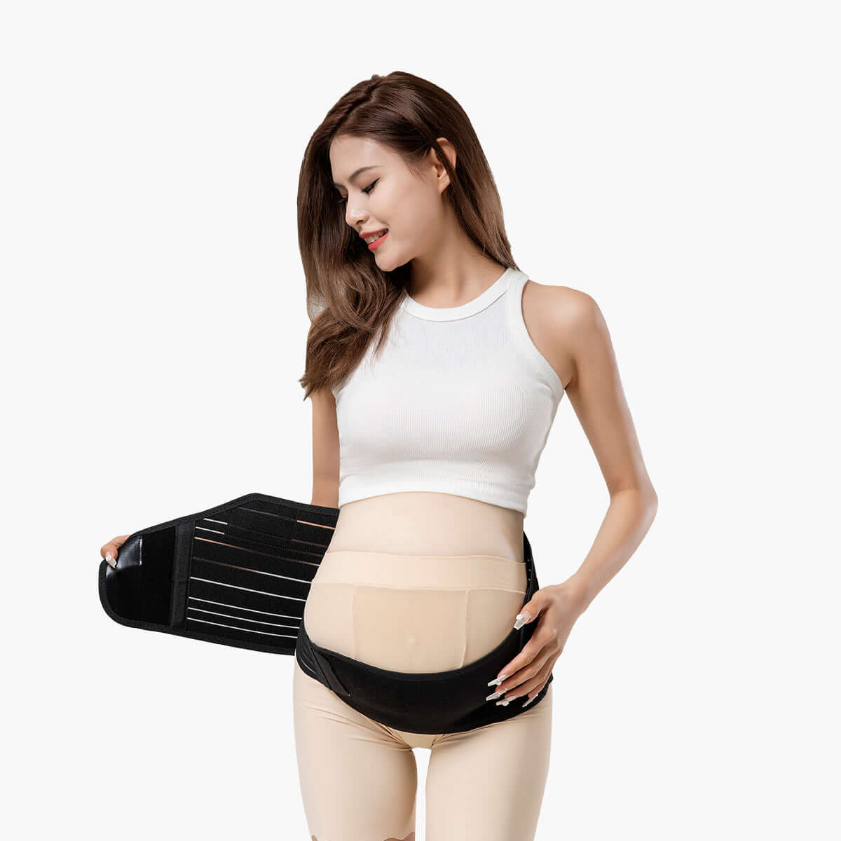A pregnant woman using the MomMed maternity belly band, front view
