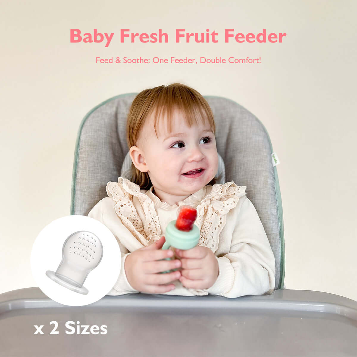 A baby using Mommed baby fresh fruit feeder