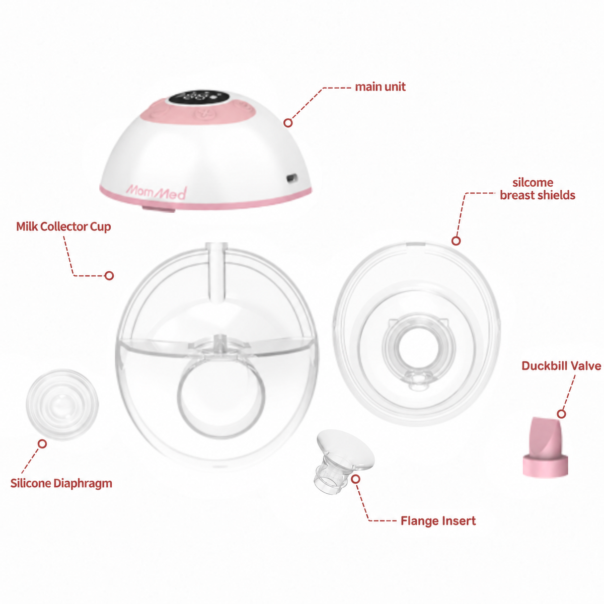 MomMed M21 Luma Breast Pump Accessories - Flange, Duckbill Valve, Milk Collector Cup